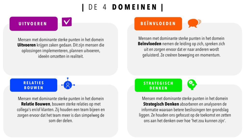 Gallup CliftonStrengths StrengthFinder 34 sterke punten in 4 domeinen